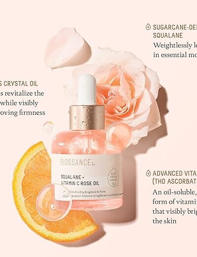 BIOSSANCE Squalane + Vitamin C Rose Oil. Facial Oil to Visibly Brighten, Hydrate, Firm and Reveal Radiant Skin